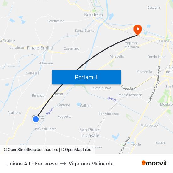 Unione Alto Ferrarese to Vigarano Mainarda map