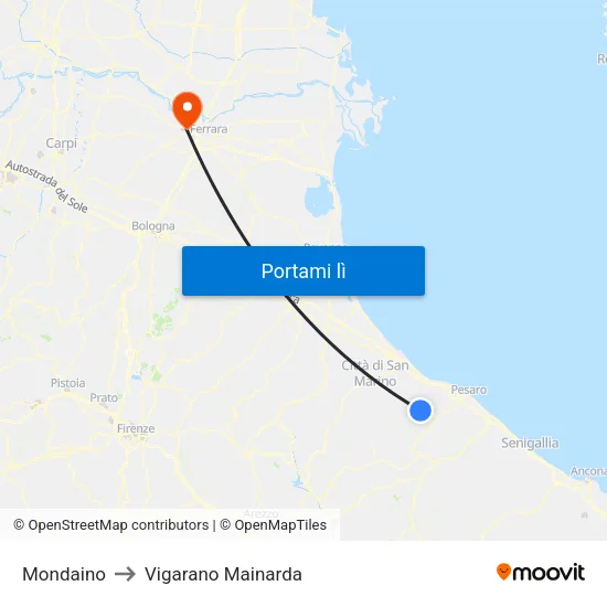 Mondaino to Vigarano Mainarda map