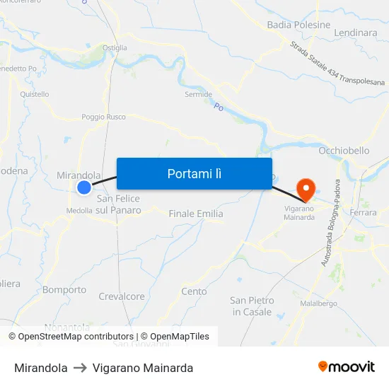 Mirandola to Vigarano Mainarda map