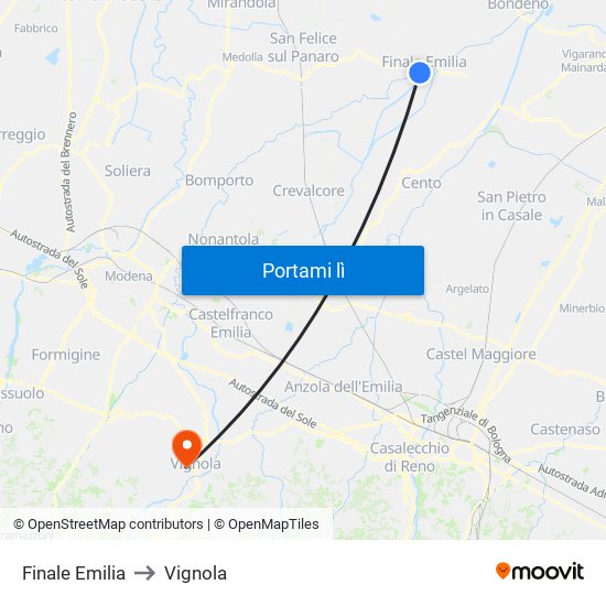 Finale Emilia to Vignola map