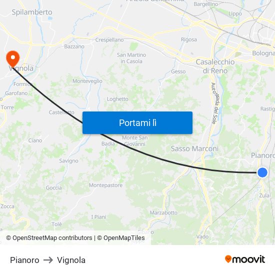 Pianoro to Vignola map