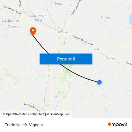Tredozio to Vignola map