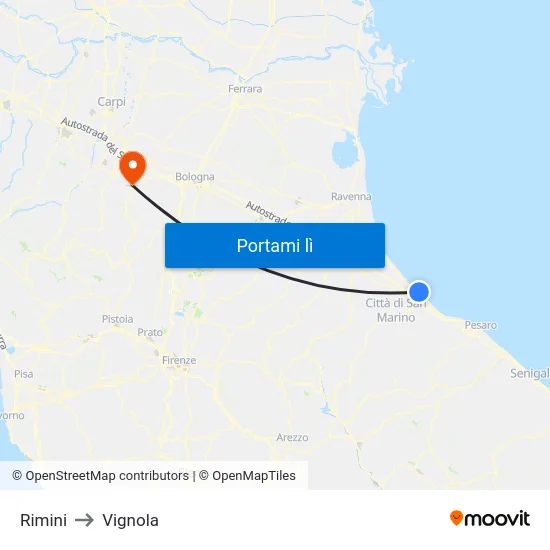 Rimini to Vignola map
