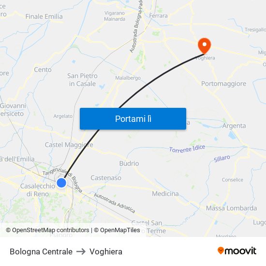 Bologna Centrale to Voghiera map