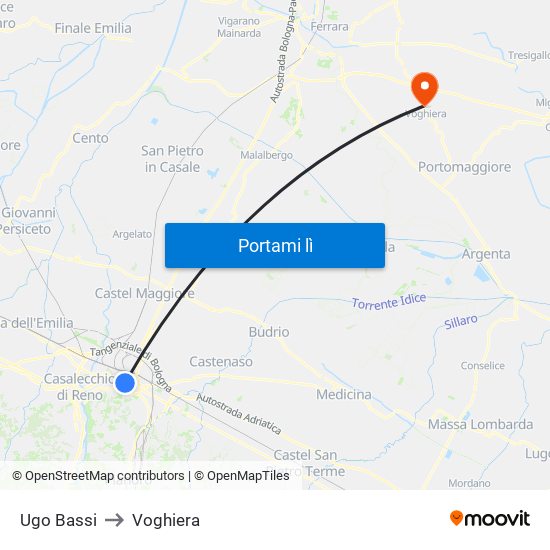 Ugo Bassi to Voghiera map