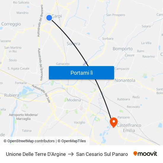 Unione Delle Terre D'Argine to San Cesario Sul Panaro map