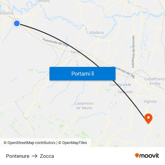 Pontenure to Zocca map