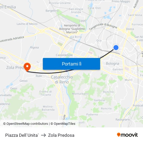 Piazza Dell`Unita` to Zola Predosa map