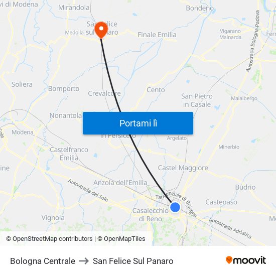 Bologna Centrale to San Felice Sul Panaro map