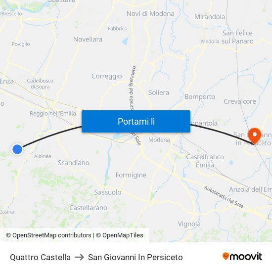 Quattro Castella to San Giovanni In Persiceto map