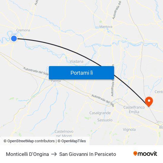 Monticelli D'Ongina to San Giovanni In Persiceto map