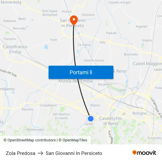 Zola Predosa to San Giovanni In Persiceto map