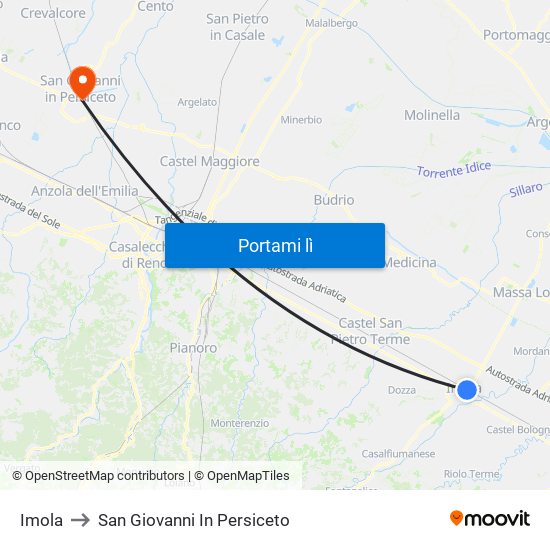 Imola to San Giovanni In Persiceto map