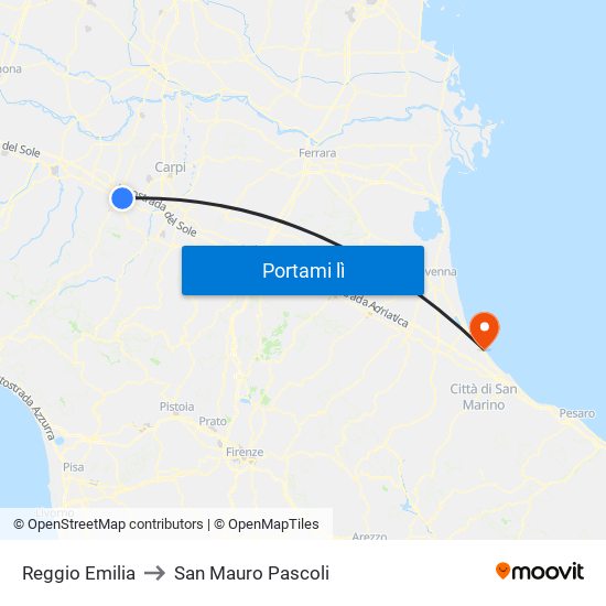 Reggio Emilia to San Mauro Pascoli map