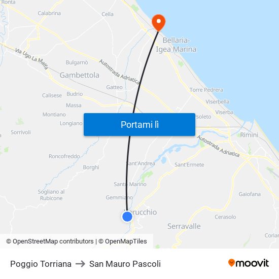 Poggio Torriana to San Mauro Pascoli map