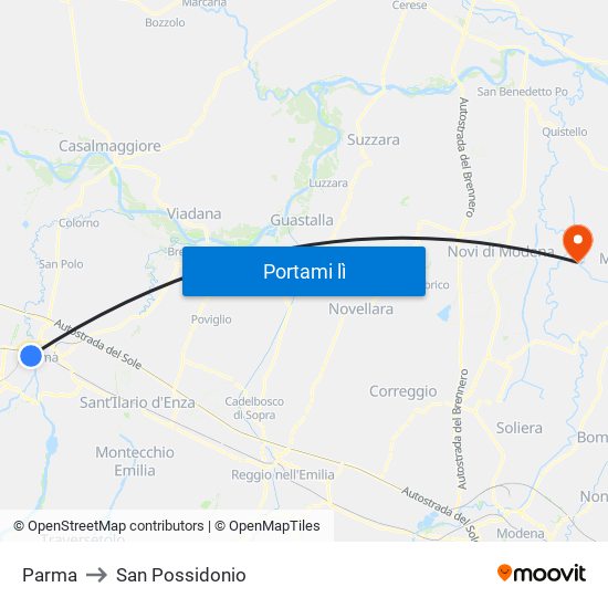 Parma to San Possidonio map