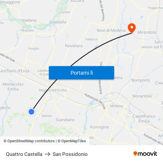 Quattro Castella to San Possidonio map