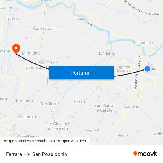 Ferrara to San Possidonio map