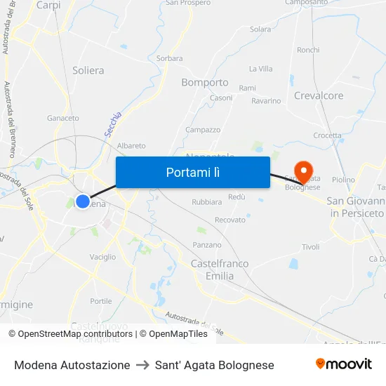 Modena Autostazione to Sant' Agata Bolognese map