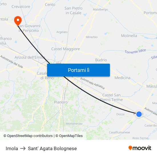 Imola to Sant' Agata Bolognese map