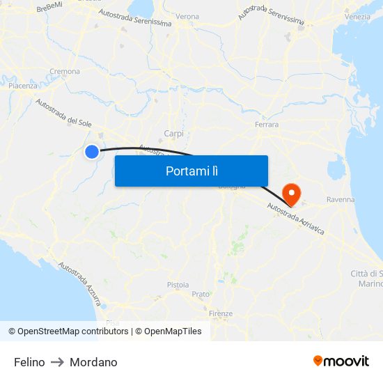Felino to Mordano map