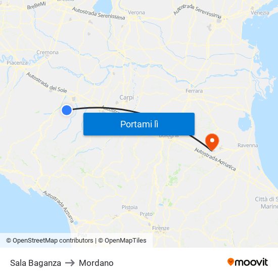 Sala Baganza to Mordano map