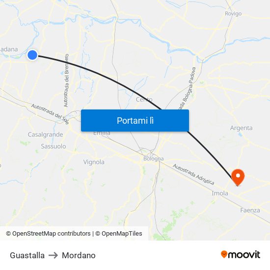 Guastalla to Mordano map