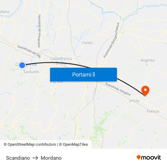 Scandiano to Mordano map