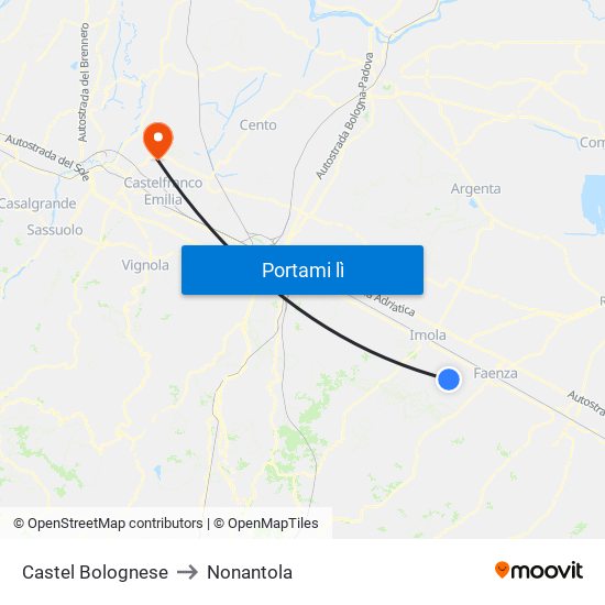 Castel Bolognese to Nonantola map