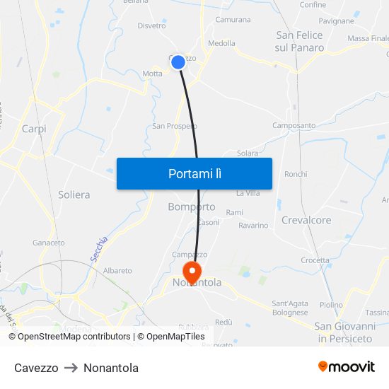 Cavezzo to Nonantola map