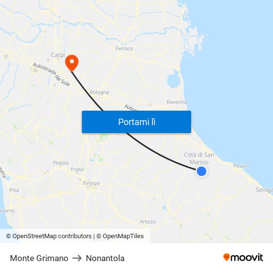 Monte Grimano to Nonantola map