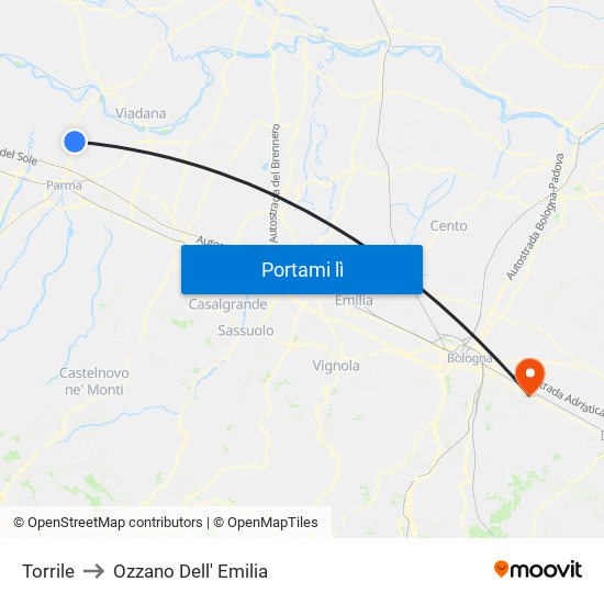 Torrile to Ozzano Dell' Emilia map