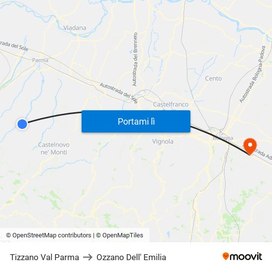 Tizzano Val Parma to Ozzano Dell' Emilia map
