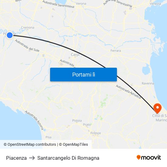 Piacenza to Santarcangelo Di Romagna map