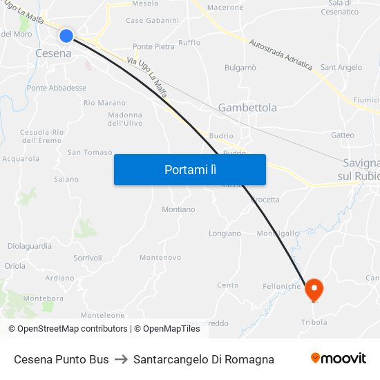 Cesena Punto Bus to Santarcangelo Di Romagna map