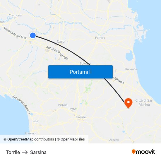 Torrile to Sarsina map