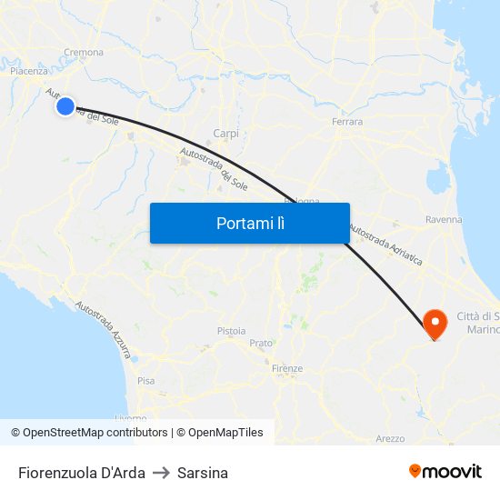 Fiorenzuola D'Arda to Sarsina map
