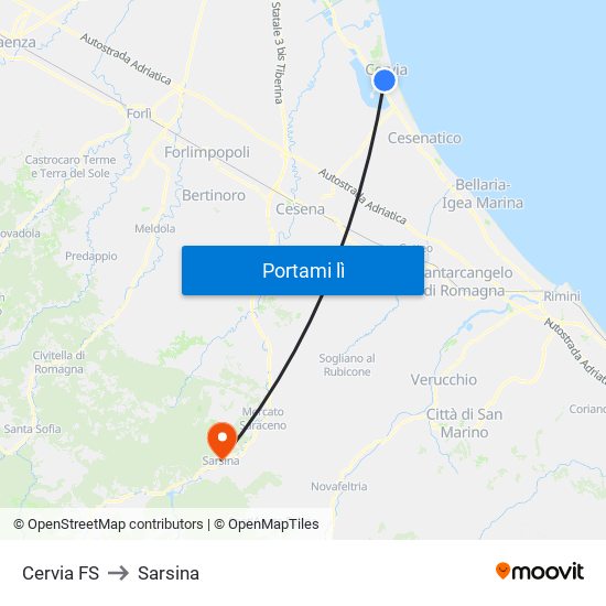 Cervia FS to Sarsina map
