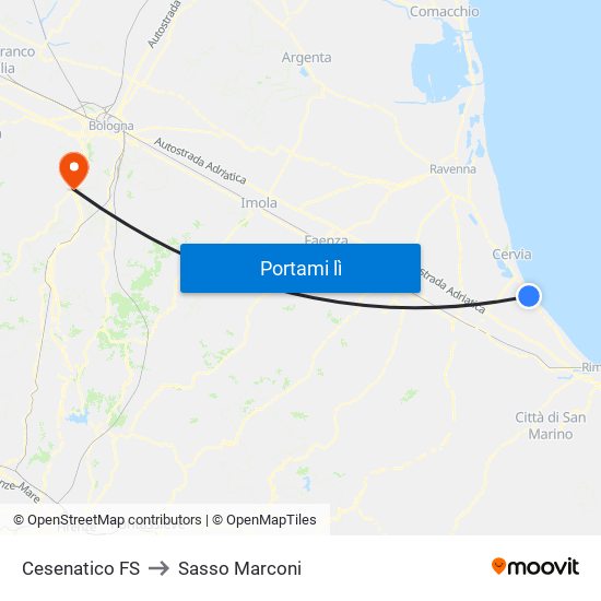 Cesenatico FS to Sasso Marconi map