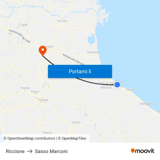 Riccione to Sasso Marconi map