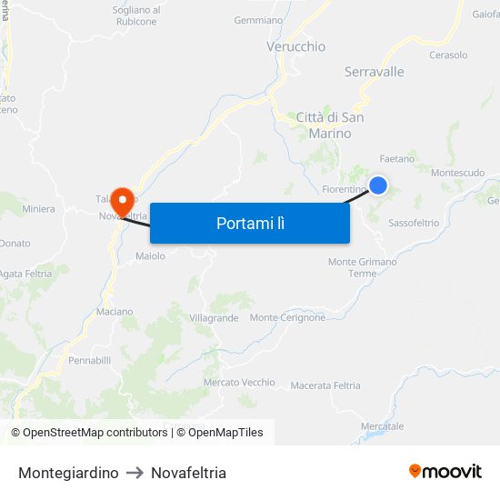 Montegiardino to Novafeltria map