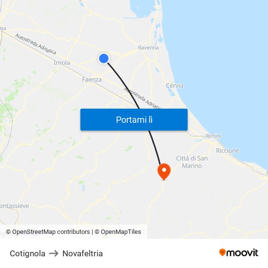 Cotignola to Novafeltria map
