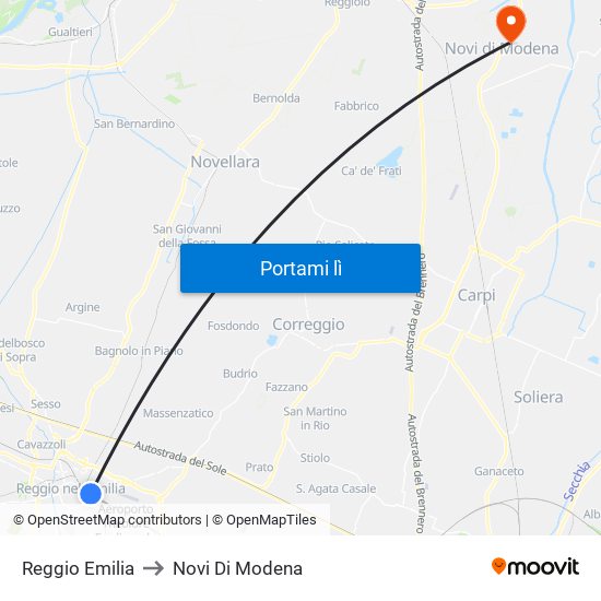 Reggio Emilia to Novi Di Modena map