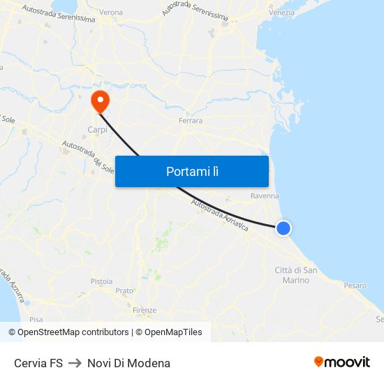 Cervia FS to Novi Di Modena map