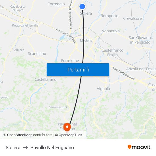 Soliera to Pavullo Nel Frignano map