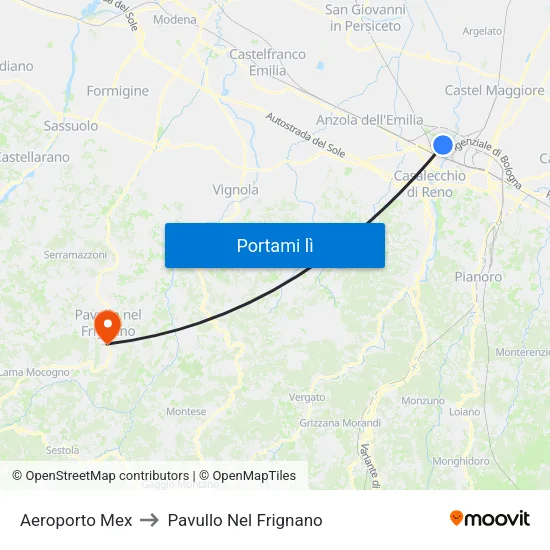 Aeroporto Mex to Pavullo Nel Frignano map