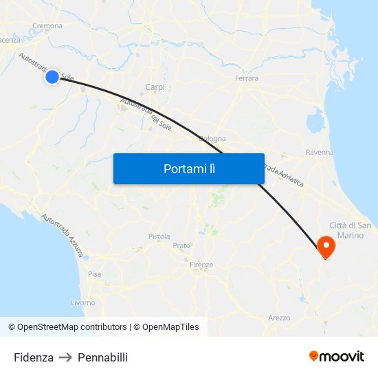 Fidenza to Pennabilli map