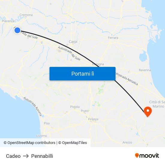 Cadeo to Pennabilli map