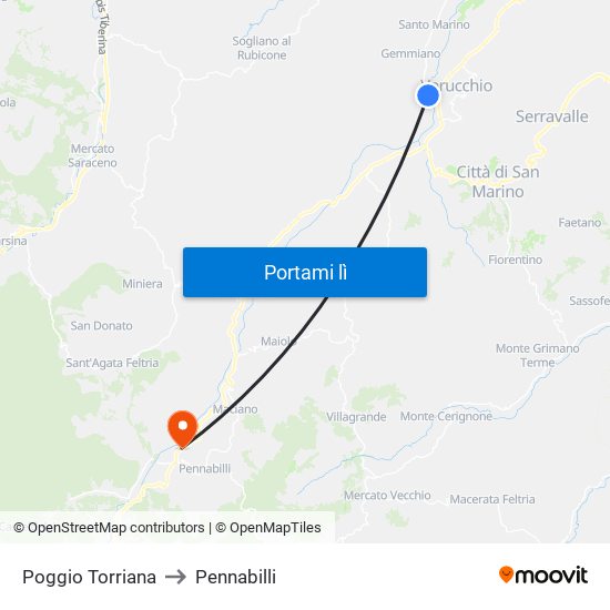 Poggio Torriana to Pennabilli map