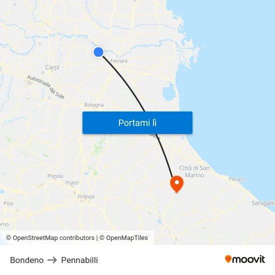 Bondeno to Pennabilli map